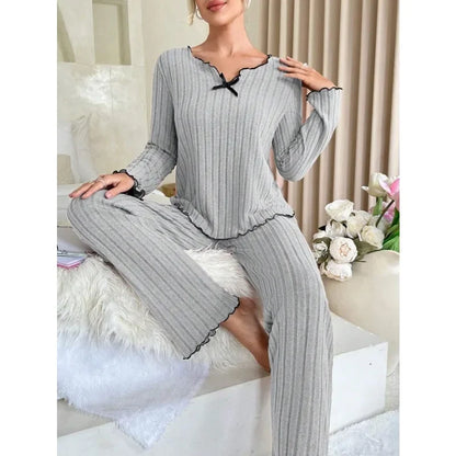 Women’s Autumn & Winter Ribbed Pajama Set – Long-Sleeve Top and Pants, 2-Piece Casual Homewear Loungewear