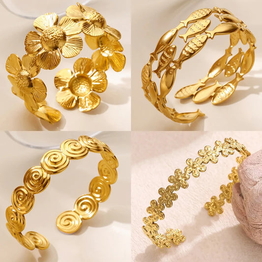 Punk Sunflower Fish Gold Stainless Steel Bracelet – Trendy Women’s Bangle Wedding Couple Jewelry