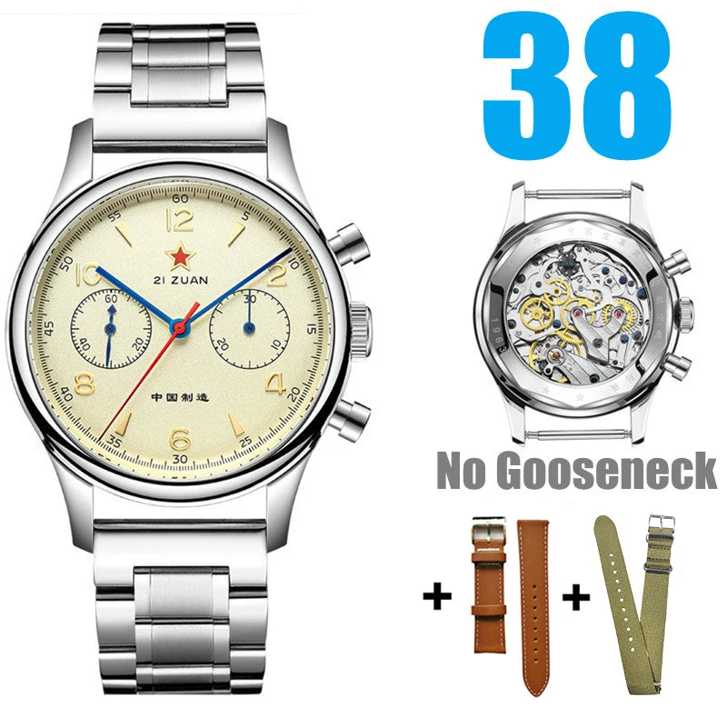 RED STAR 1963 Men's Chronograph Watch - 38mm Pilot Design with Seagull ST1901 Movement & Sapphire Glass
