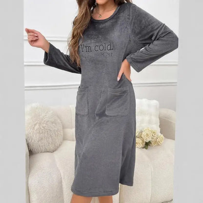 Women's Warm Fleece Nightgown - Soft Long Sleeve Velvet Home Dress for Autumn & Winter