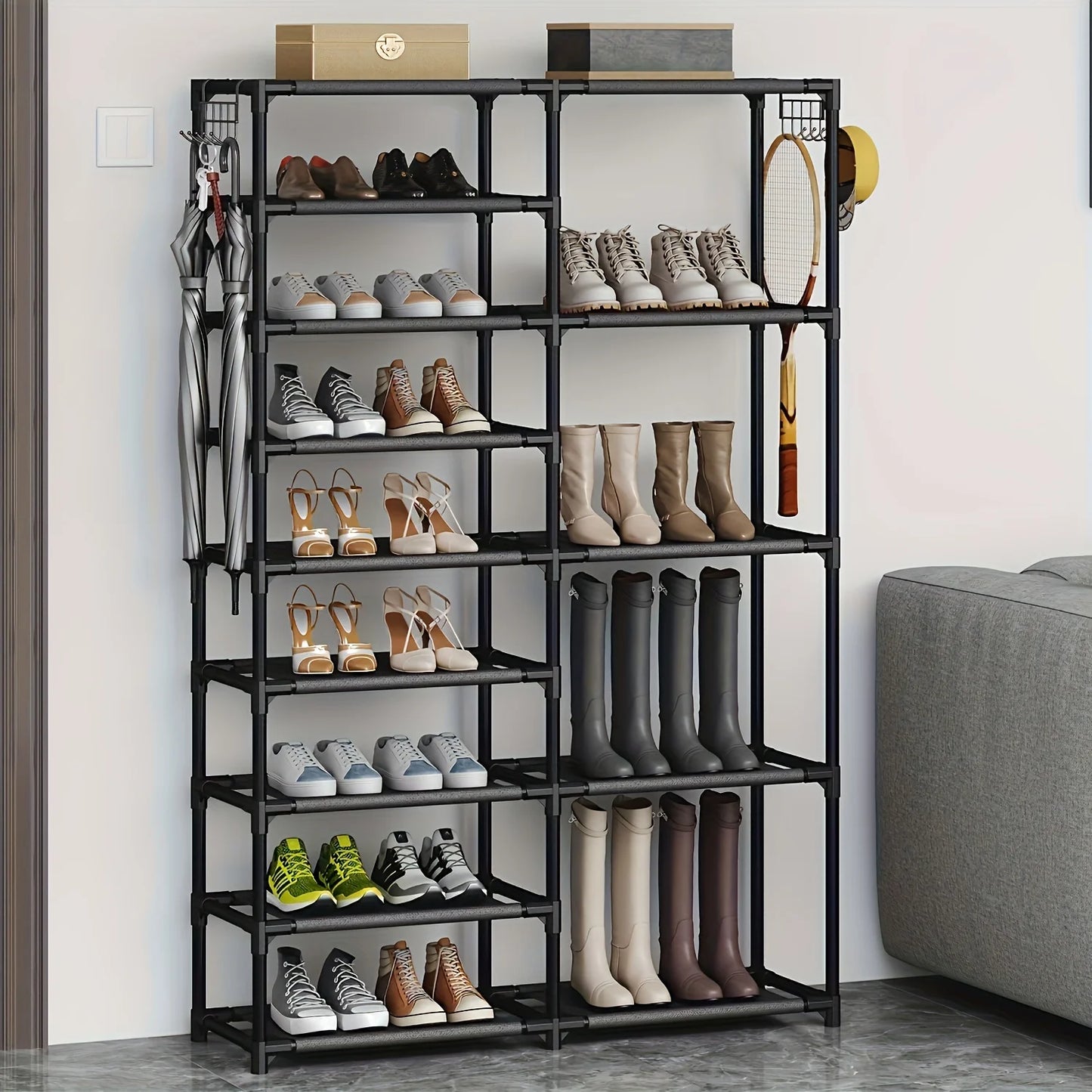 9-Tier Tall Shoe Rack with Hooks – Heavy Duty Vertical Organizer, Large Capacity Holds 24-35 Pairs, Black