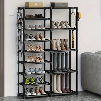 9-Tier Tall Shoe Rack with Hooks – Heavy Duty Vertical Organizer, Large Capacity Holds 24-35 Pairs, Black