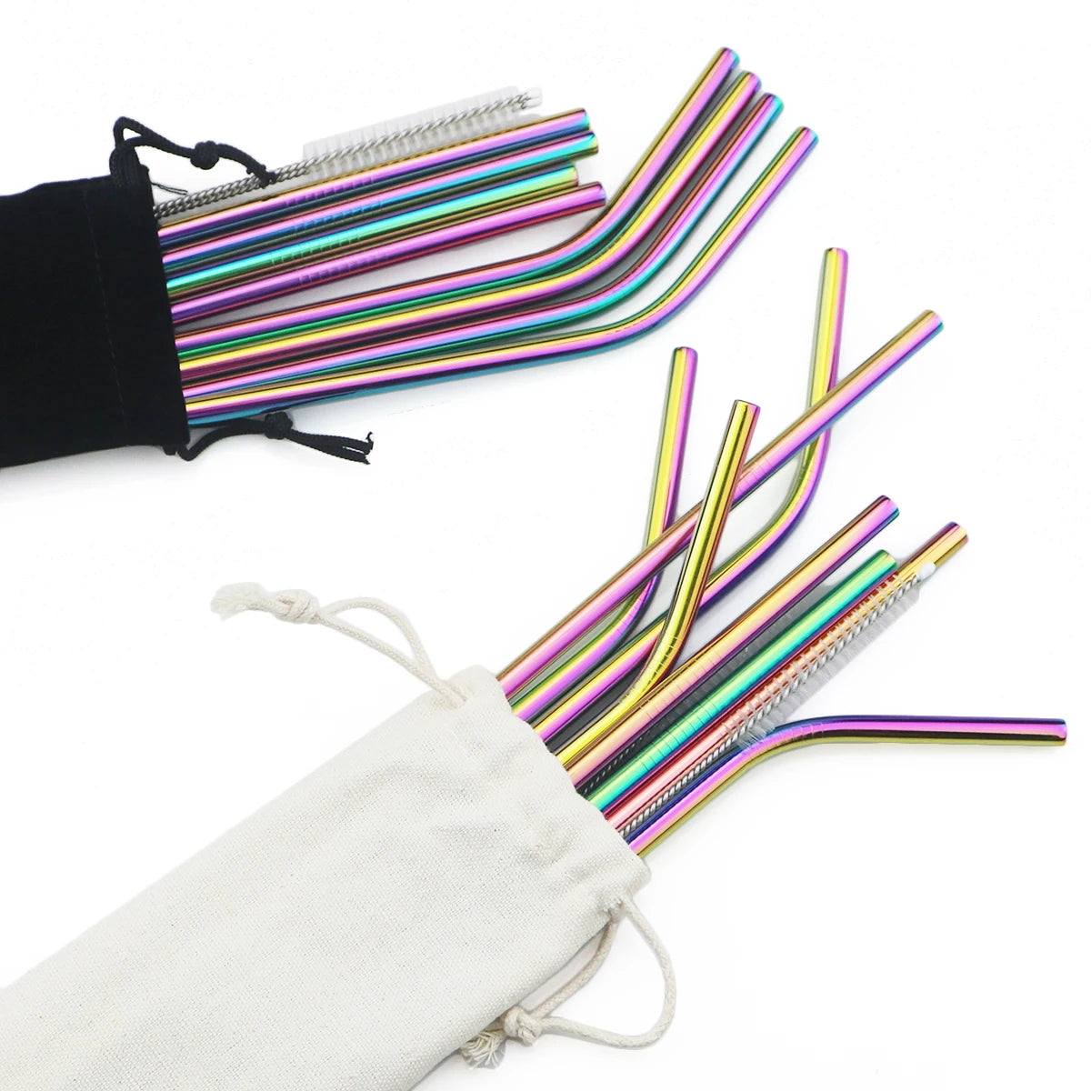 Colorful 304 Stainless Steel Reusable Straws Set — Metal Drinking Straws with Cleaning Brush for Cocktails & Glasses