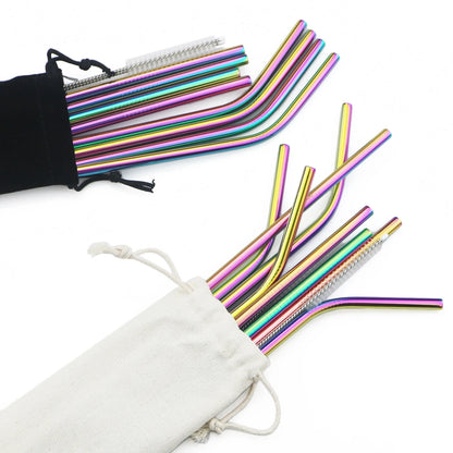 Colorful 304 Stainless Steel Reusable Straws Set — Metal Drinking Straws with Cleaning Brush for Cocktails & Glasses