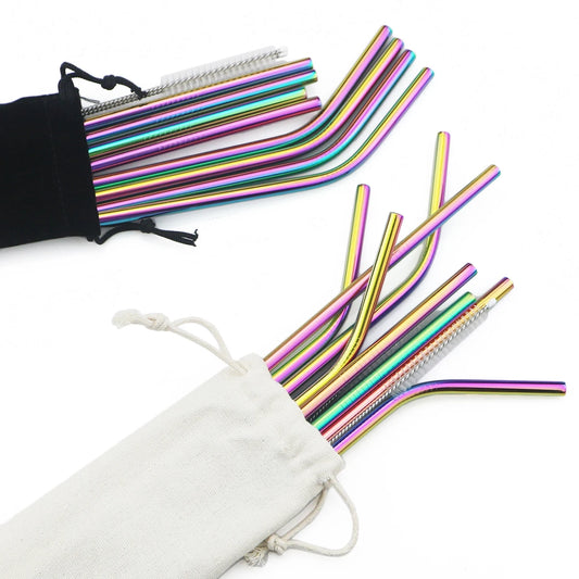 Colorful 304 Stainless Steel Reusable Straws Set — Metal Drinking Straws with Cleaning Brush for Cocktails & Glasses