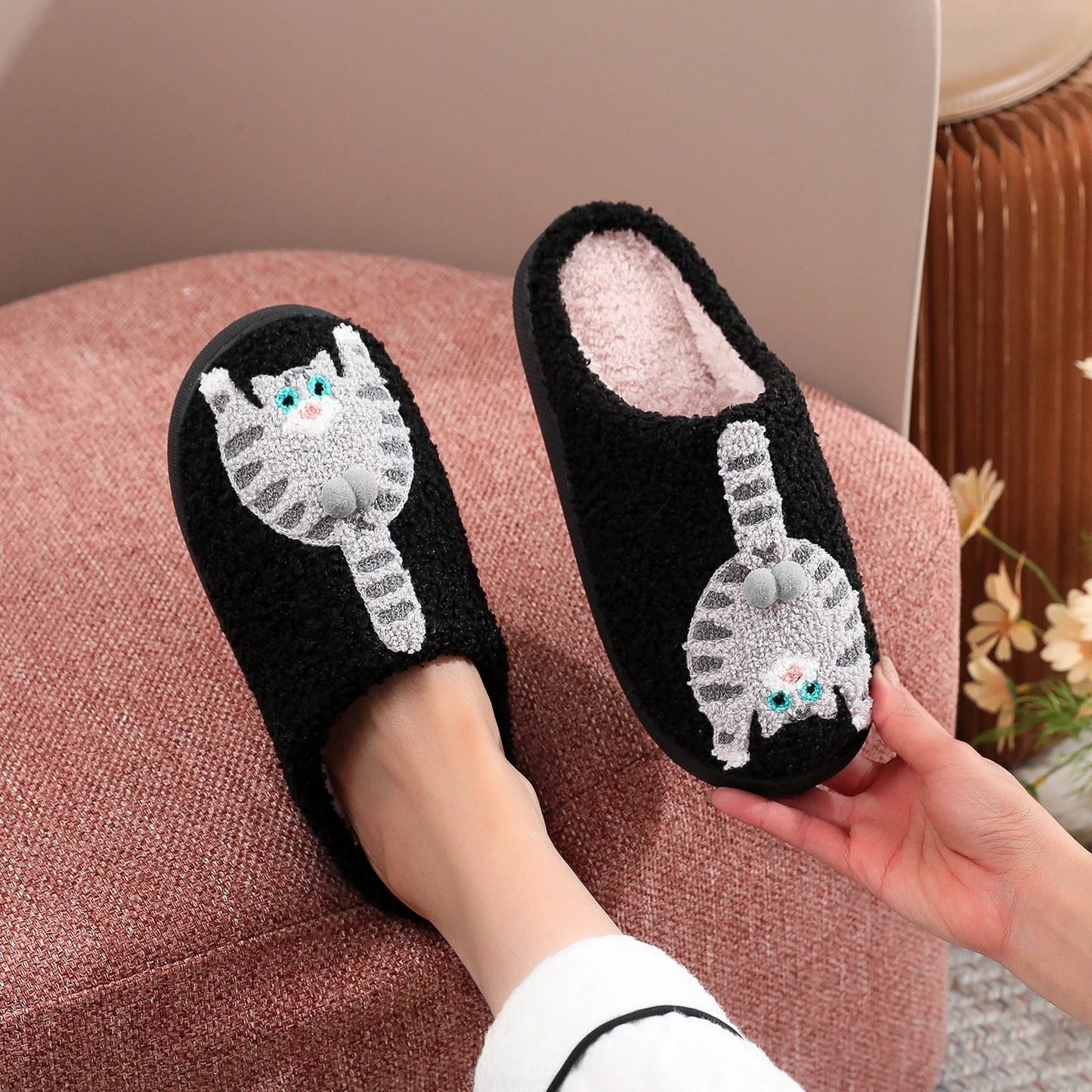 Embroidered Cat Plush Slippers - Warm Thick-Sole Non-Slip Indoor House Shoes for Men & Women
