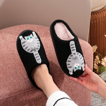Embroidered Cat Plush Slippers - Warm Thick-Sole Non-Slip Indoor House Shoes for Men & Women