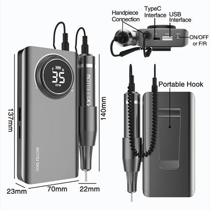 YOKEFELLOW Professional Nail Drill Kit – 35000RPM Rechargeable Electric Nail File for Manicure, Acrylic & Gel Nails