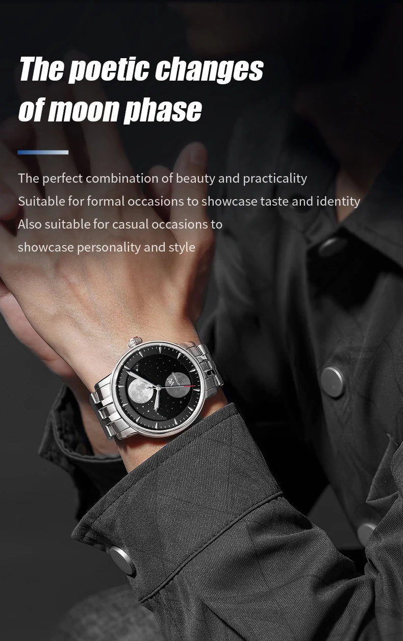 WM Welly Merck Automatic Mechanical Men's Watch — Lunar Moon Phase, Sapphire, Waterproof, Luminous Twin Moons WM142