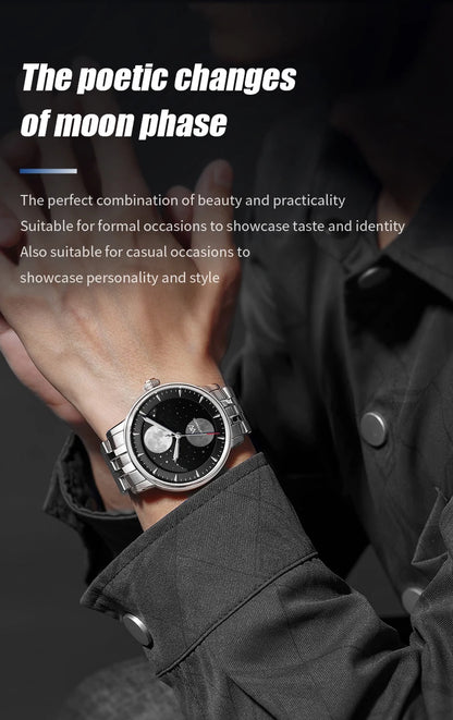 WM Welly Merck Automatic Mechanical Men's Watch — Lunar Moon Phase, Sapphire, Waterproof, Luminous Twin Moons WM142