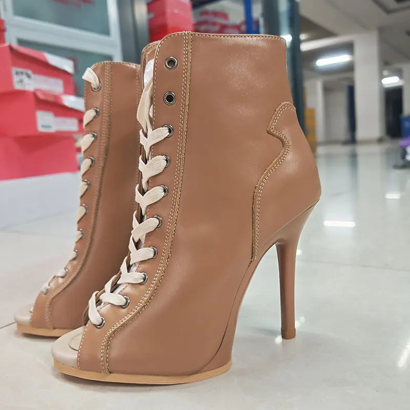 Women’s Genuine Leather Dance Boots - European Style Open Toe Thin High Heel Jazz Dance Shoes