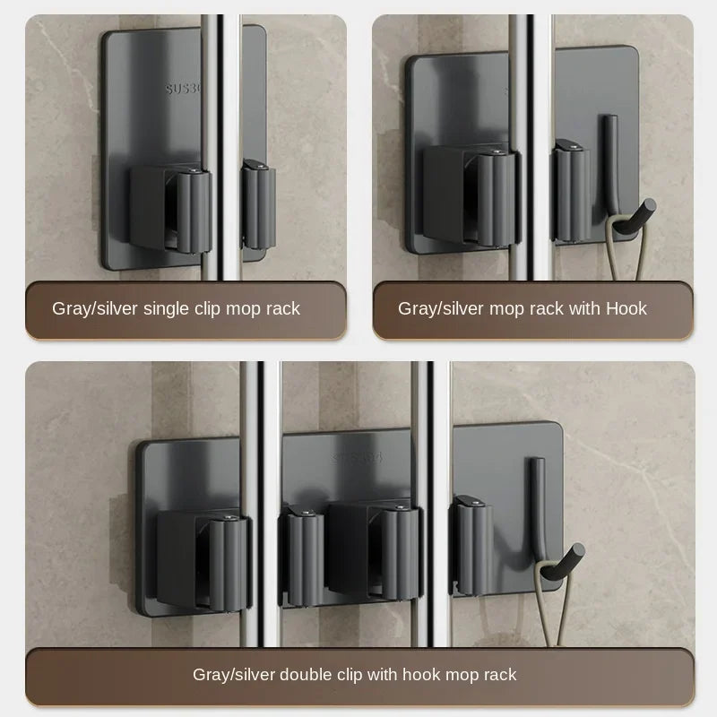Non-Perforated Stainless Steel Mop Holder — Wall-Mounted Broom & Mop Clamp Hook for Bathroom & Door Storage
