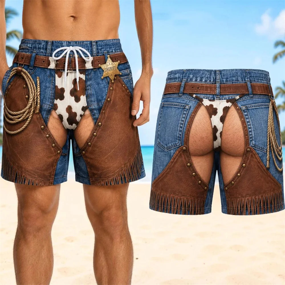 Retro 3D Cowboy Beach Shorts - Men's Quick-Dry Breathable Drawstring Board Shorts