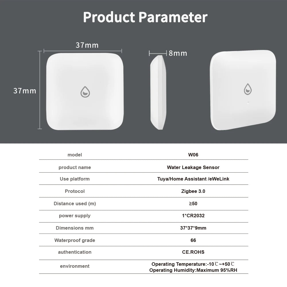 ZigBee Smart Water Leak Sensor Alarm, Tiny Leakage Detector for Tuya, Home Assistant & eWeLink Smart Home Security System