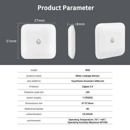 ZigBee Smart Water Leak Sensor Alarm, Tiny Leakage Detector for Tuya, Home Assistant & eWeLink Smart Home Security System