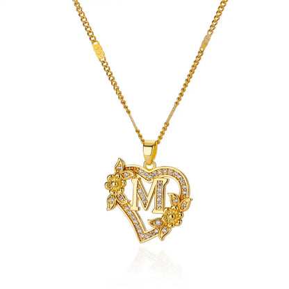 Gold Zircon Heart Initial Necklace – Stainless Steel Letter Pendant Jewelry for Women