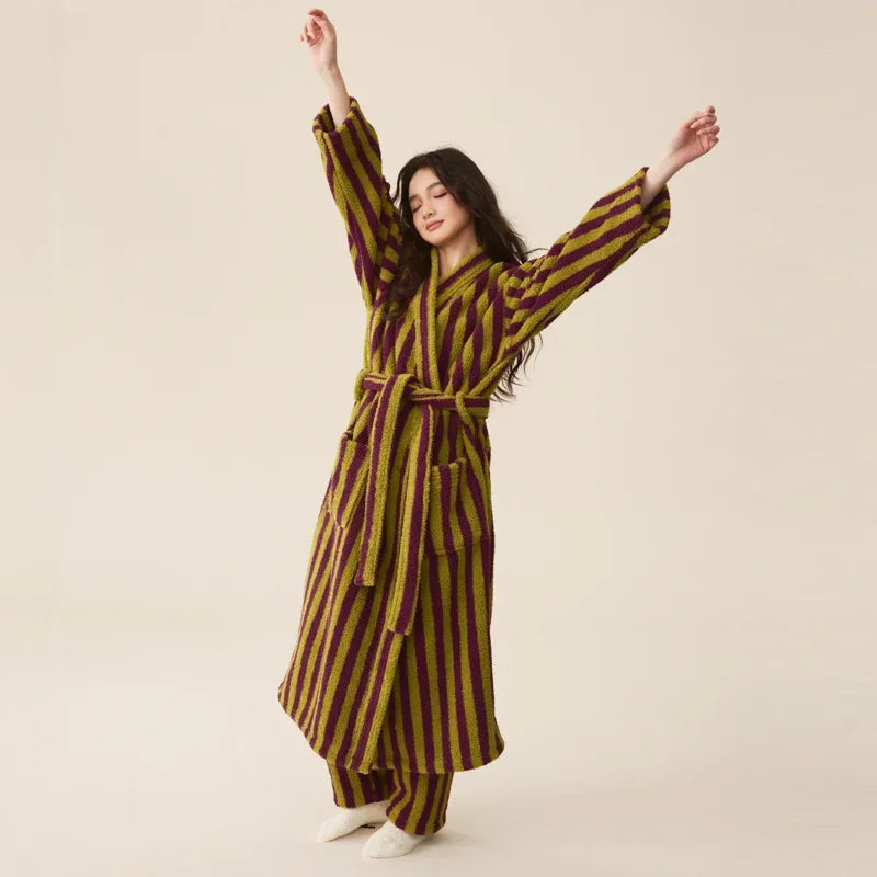 Couple’s Thickened Flannel Pajama Set – Coral Velvet Bathrobe & Striped Pants for Autumn Winter Homewear