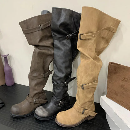 Eilyken Women’s Over-the-Knee Boots – Round Toe Punk Style with Pleated Buckle Strap, Low Square Heels for Autumn Winter