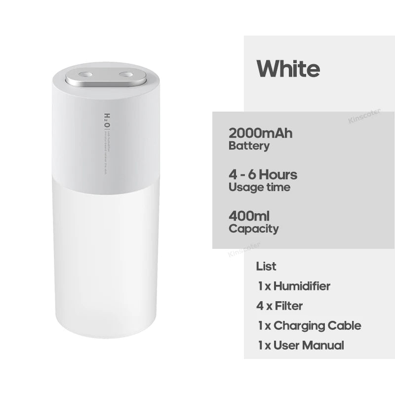 KINSCOTER Portable Double Mist Air Humidifier – 300ml Cold Mist Diffuser, 2000mAh Car Air Purifier & USB Mini Air Freshener