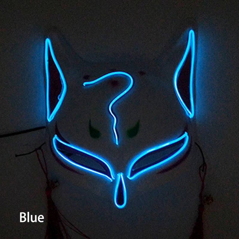 Glowing LED Fox Mask – Neon Japanese Anime-Inspired Samurai Cosplay Mask for Halloween, Christmas & Costume Parties