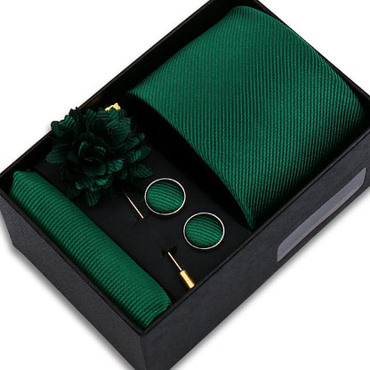 Men's Solid Color Tie Set - Jacquard Necktie, Hanky, Cufflinks & Brooch Gift Box for Weddings