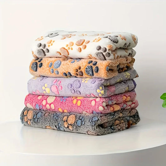 Flannel Pet Blanket - Cute Paw Print Mat for Warm Comfortable Dog & Cat Puppy Kitten Bedding