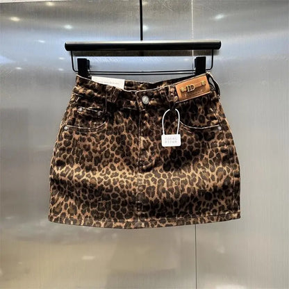 Women’s Elastic Brown Leopard Print Denim Mini Skirt – Trendy Hip Skirt