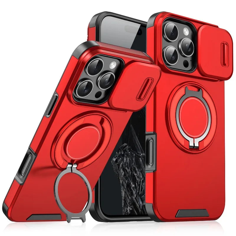 Luxury Rugged Armor Magnetic Case – Heavy Duty PC Cover with Slide Camera Protection for iPhone 16, 15, 14, 13, 12, 11 Pro Max Plus