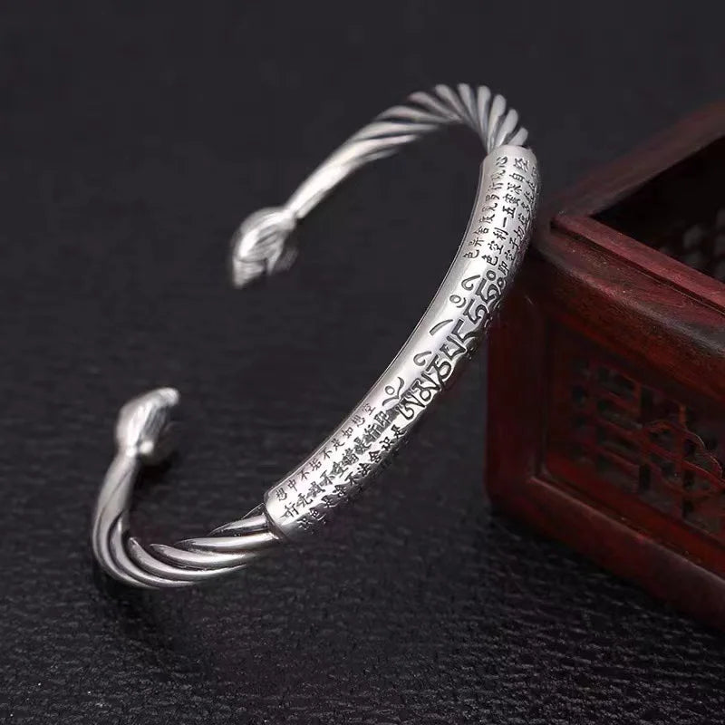 Retro Tibetan Six-Character Mantra Bracelet — Silver Plated Lotus Cuff for Men