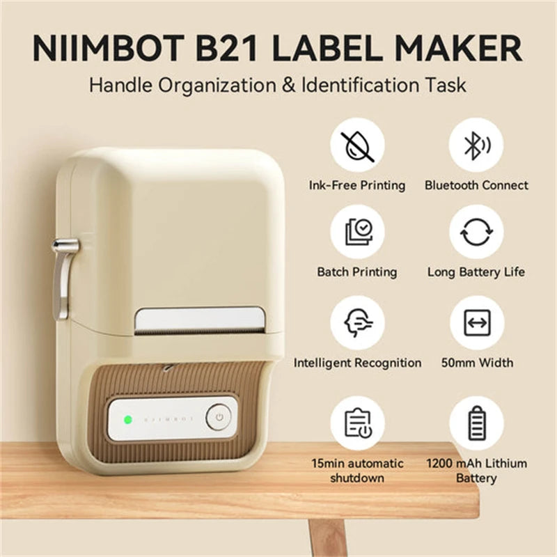 NIIMBOT B21 Portable Thermal Printer – 1500mAh Wireless Sticker Printer with Self-Adhesive Labels for Barcode, Clothing & Jewelry