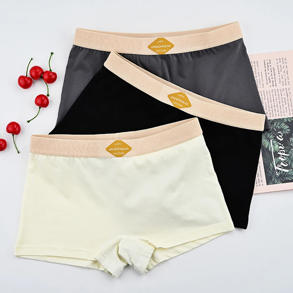 3PCS Women’s Cotton Boxer Underwear — Multicolor Solid Breathable Knit Panties, Soft High-Elastic Mid-Rise Boyshorts