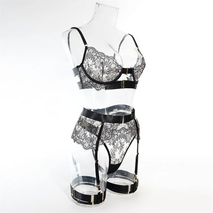 Krasapt Luxury Black Flower Embroidery Lingerie – 4PC Mesh Bra, Thong & Garter Erotic Set