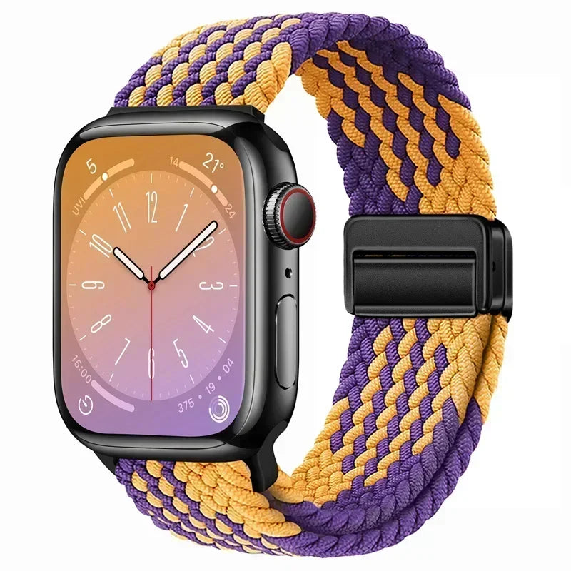 Nylon Braided Loop Apple Watch Band – Magnetic Metal Bracelet Strap for Ultra 2, Series 3–9 & SE (40mm–49mm) Adjustable Wristband