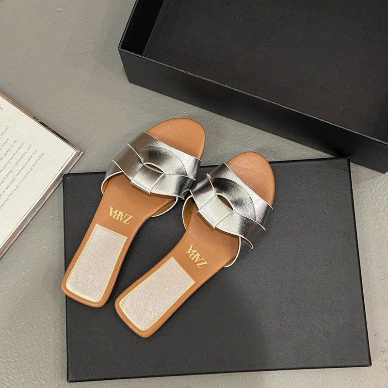 2025 Summer Women's Designer Open Toe Woven Flat Slippers – Comfortable Casual Shoes