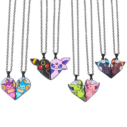 Eevee Pendant Necklace - 2-Piece Cute Cartoon Heart Patchwork Anime-Style Metal Jewelry Set
