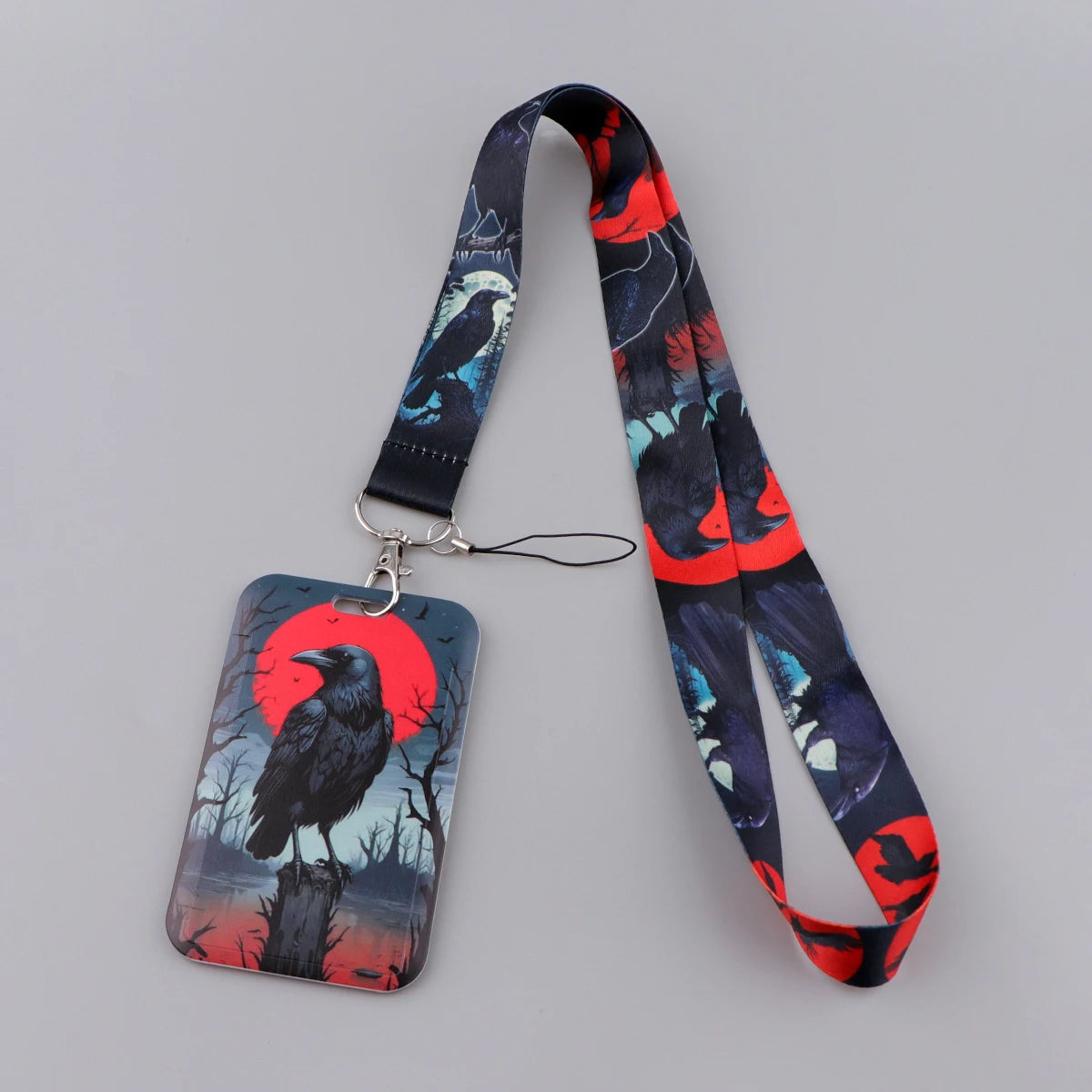 Black Crow Punk Skull Lanyard – Credential Holder Neck Strap for Keys, ID Cards & Phone Accessories, Halloween Gift