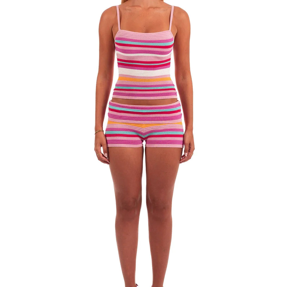Women’s Y2K Vintage Striped 2-Piece Set – Sleeveless Cami Tank Top & Fold Over Shorts Summer Loungewear Vacation Outfit