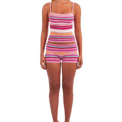 Women’s Y2K Vintage Striped 2-Piece Set – Sleeveless Cami Tank Top & Fold Over Shorts Summer Loungewear Vacation Outfit