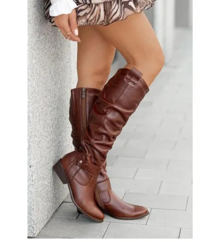 Women’s Thigh-High Suede Boots – Low Heel Side-Zip Knee-High Booties, Retro Autumn Winter Size 43