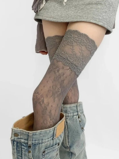 Women's Lace Floral Fishnet Thigh High Socks - Sexy Nylon Mesh Over The Knee Stockings for JK Lolita Style
