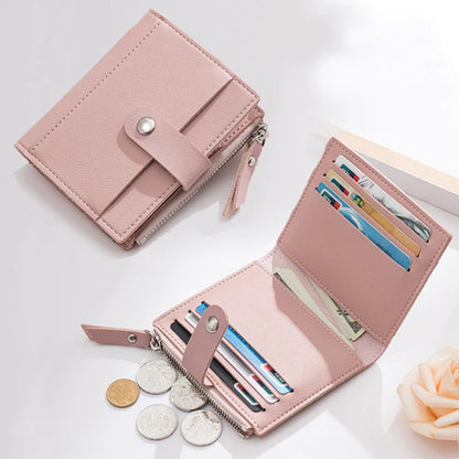 Women’s PU Leather Mini Wallet — Slim Hasp & Zipper Purse, Multi-Card Holder with Coin Pocket, Small Solid Short Wallet