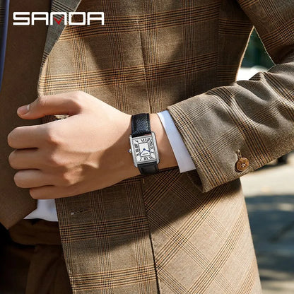 SANDA Couple Watch – 30M Waterproof, Casual Fashion, Quartz with Wear-Resistant Leather Strap, Square Dial Design