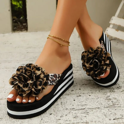 Women’s Leopard Floral Wedge Sandals - Soft Comfortable Summer Beach Slippers