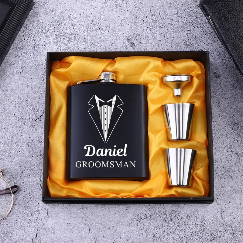 Personalized 6oz Stainless Steel Hip Flask – Engraved Gift for Best Man, Groom, Wedding with Custom Logo & Gift Box