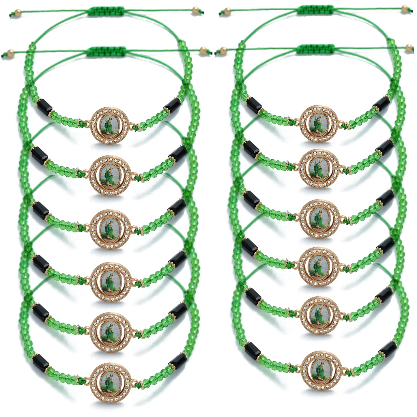 12pcs Mexican Saint Jude Bracelets – Handmade San Judas Tadeo Catholic Green String Rosary Bracelets Religious Gift Set