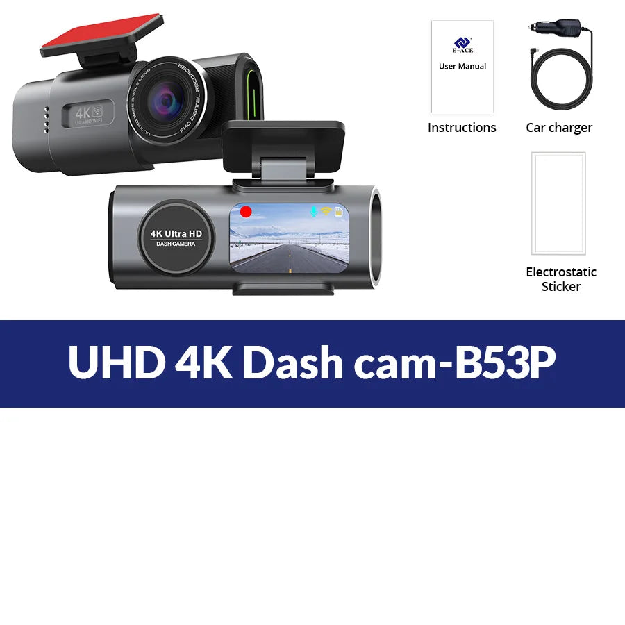 Dual Lens Dash Cam 4K UHD – Car Camera DVR with Night Vision, Wi-Fi, GPS, 24H Parking Monitoring