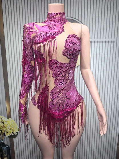 Sparkly Blue Rhinestone Leotard - One-Shoulder Fringe Bodysuit for Dance, Stage & Performance