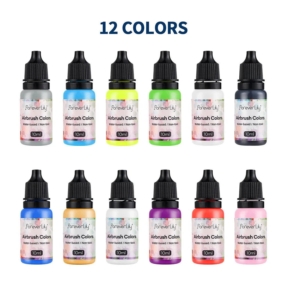 12pcs Airbrush Nail Ink Paint Set – Colorful Nail Polish for Spray Gun, Stencil & Hollow Pattern Art Tools