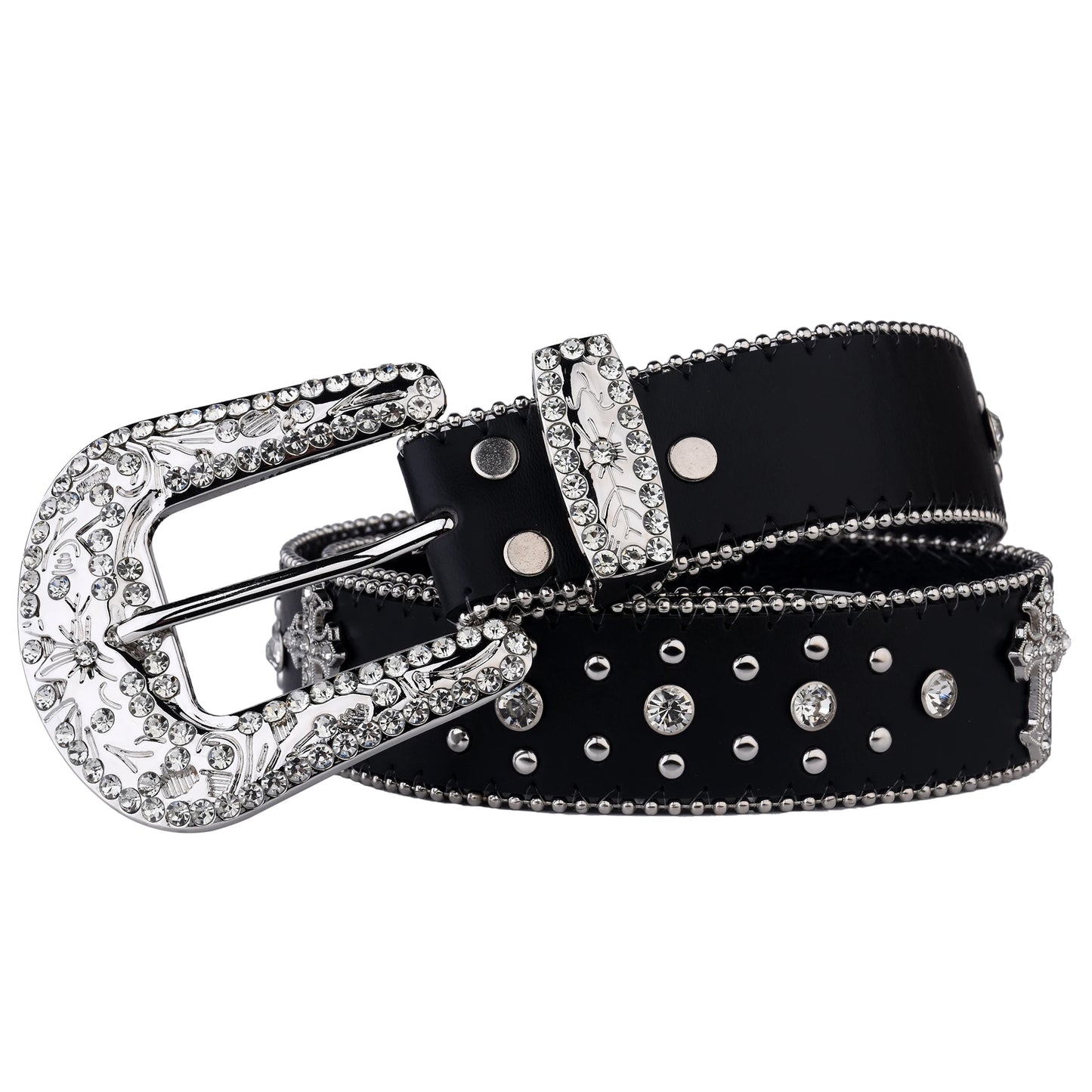Black Cross Rivet Belt with Engraved Buckle – Rhinestone PU Punk Western Cowboy Cowgirl Jeans Belt