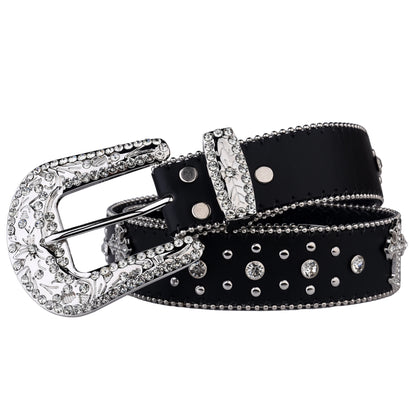 Black Cross Rivet Belt with Engraved Buckle – Rhinestone PU Punk Western Cowboy Cowgirl Jeans Belt